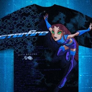 Black T-Shirt with Animated Character Design. Teen Titans Raven and Starfire.